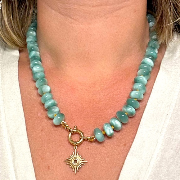 Natural Green Moonstone silk knotted necklace